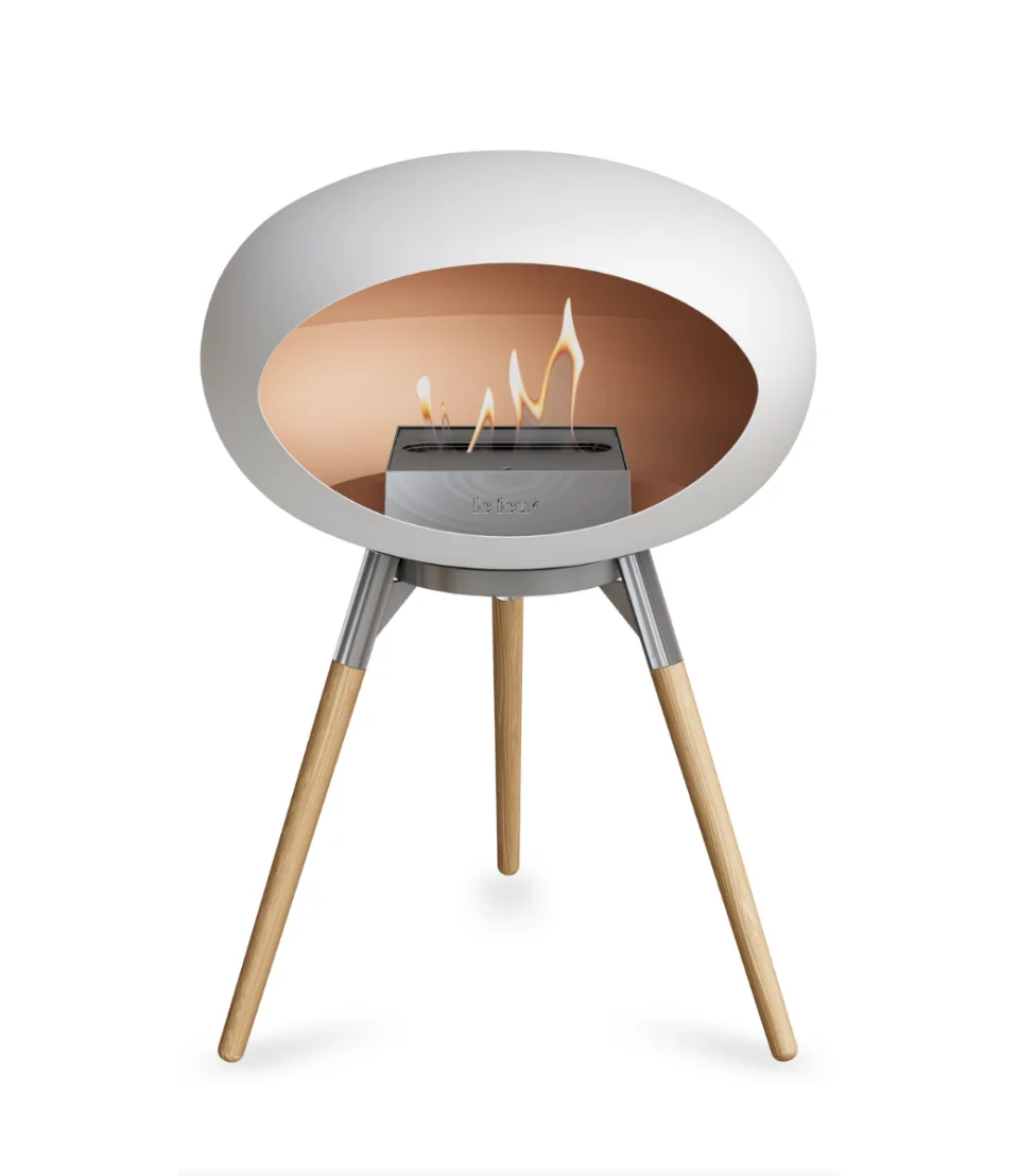 White fireplace with oak legs